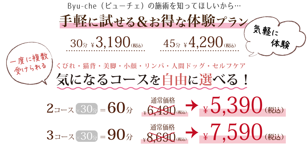 30分3,190円(税込)、45分4,290円(税込)。気になるコースを自由に選べる！2コース×30分＝60分で6,490円(税込)、3コース×30分＝90分で8,690円(税込)
