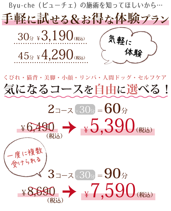 30分3,190円(税込)、45分4,290円(税込)。気になるコースを自由に選べる！2コース×30分＝60分で6,490円(税込)、3コース×30分＝90分で8,690円(税込)